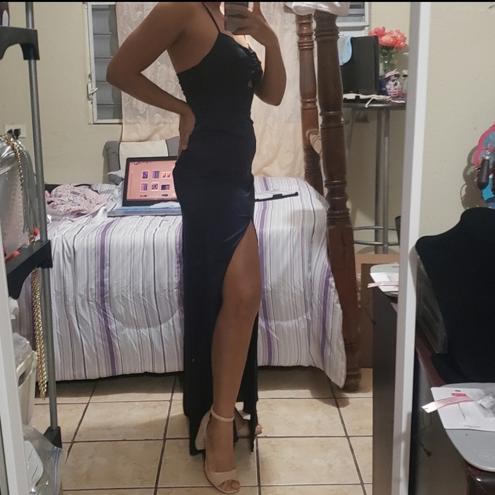 LAST CHANCE-Lulu's-Navy Print Satin lux Dress - Picture 2 of 8